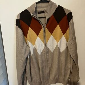 Perry Ellis Men's Zip-Up Sweater - Brown, Gold, White, and Black